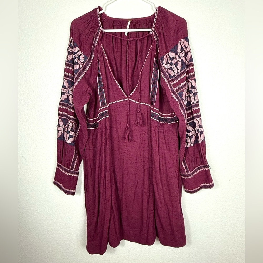 Free People Burgundy Embroidered Long Sleeve Tunic Dress - Picture 3 of 11
